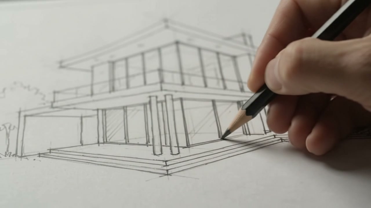 Pencil Sketch → Modern Dusk Villa